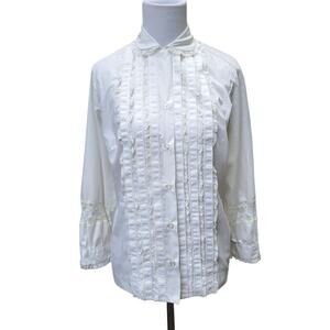 Vintage Lady Arrow White Cottagecore Button Down Top Blouse Lace Fits a M